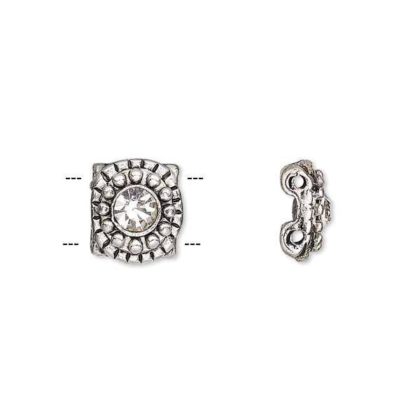 Spacer, glass rhinestone and antique silver-finished "pewter" (zinc-based alloy), clear, 10.5x9.5mm single-sided 2-strand beaded flower, fits up to 6mm bead. Sold per pkg of 6. image number 0