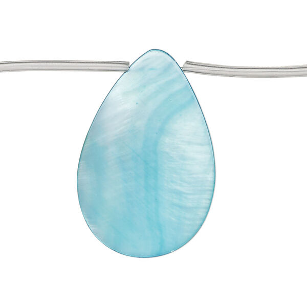 Bead, mother-of-pearl shell (dyed), blue, 30x7mm-31x9mm top-drilled flat teardrop, Mohs hardness 3-1/2. Sold per 14-inch strand, approximately 10 beads. image number 0