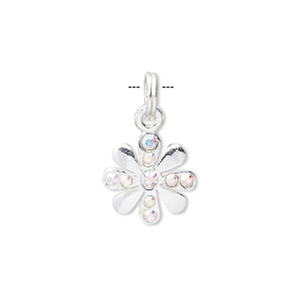 Charm, sterling silver and crystal rhinestone, clear AB, 16x14mm flower. Sold individually. image number 0