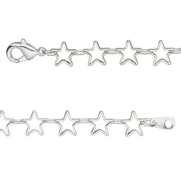 Chain, silver-plated brass, 6.5mm open star, 18 inches with lobster claw clasp. Sold individually. image number 0