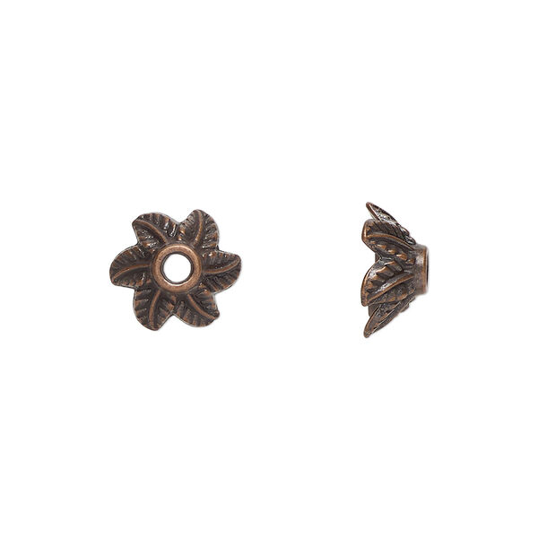 Bead cap, antiqued copper-finished "pewter" (zinc-based alloy), 11x6mm leaf, fits 8-9mm beads. Sold per pkg of 20. image number 0