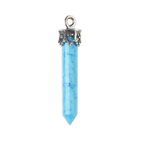 Drop, "turquoise" (resin) (imitation) and antiqued sterling silver, 20x4mm-26x6mm hand-cut 3D faceted point. Sold individually. image number 0