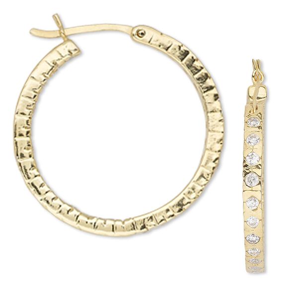 Earring, cubic zirconia and gold-finished sterling silver, clear, 30mm round hoop. Sold per pair. image number 0