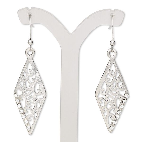 Earring, glass rhinestone with imitation rhodium-finished brass and "pewter" (zinc-based alloy), clear, 2 inches with brushed diamond and cutout design with fishhook ear wire. Sold per pair. image number 0