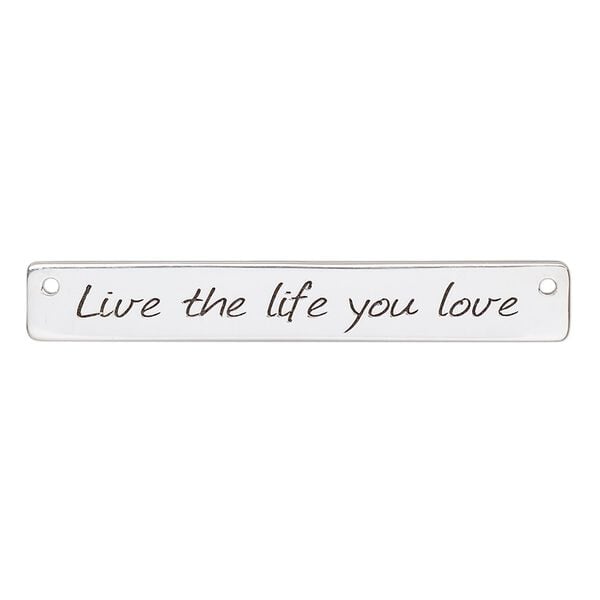 Focal, sterling silver and enamel, black 40x6mm single-sided flat rectangle with "Live the life you love" and 2 holes. Sold individually. image number 0