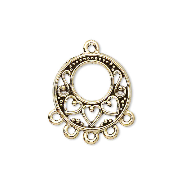 Drop, antique gold-plated pewter (tin-based alloy), 19mm flat round with 5 loops. Sold per pkg of 2. image number 0