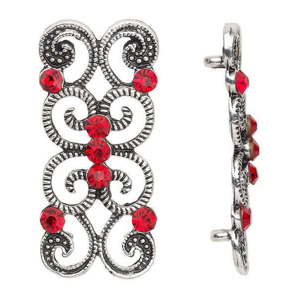 Spacer, antiqued silver-finished "pewter" (zinc-based alloy) and Czech glass rhinestone, light Siam, 37x16mm 2-strand fancy rectangle. Sold per pkg of 4. image number 0