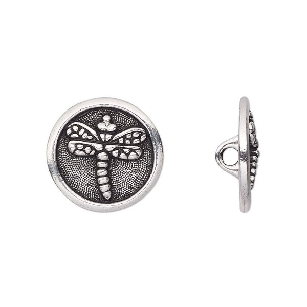 Button, TierraCast®, antique silver-plated pewter (tin-based alloy), 17mm flat round with dragonfly and closed loop. Sold per pkg of 2. image number 0