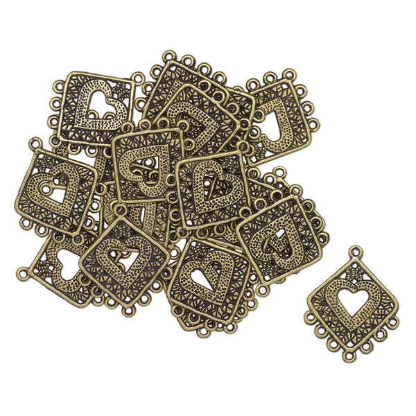 Connector, antique brass-finished "pewter" (zinc-based alloy), 25x24mm double-sided diamond with cutout heart and 8 loops. Sold per pkg of 20. image number 0