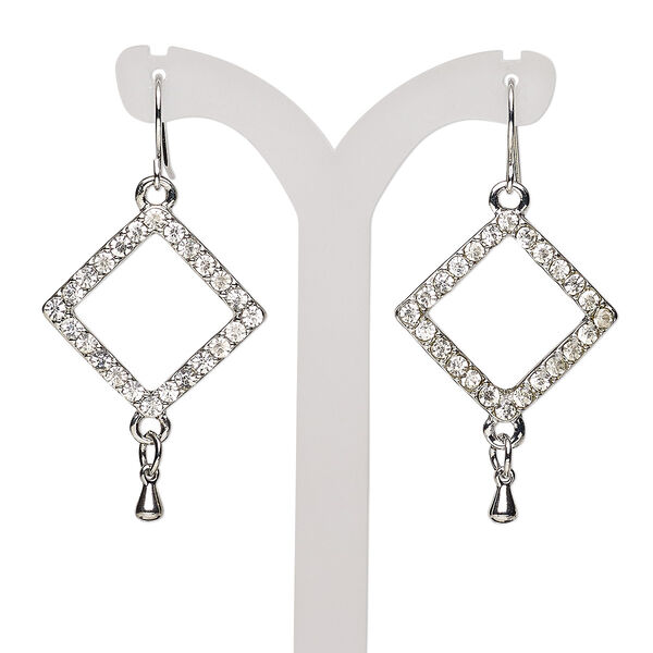 Earring, glass rhinestone with imitation rhodium-finished steel and "pewter" (zinc-based alloy), clear, 2 inches with open diamond and fishhook ear wire. Sold per pair. image number 0