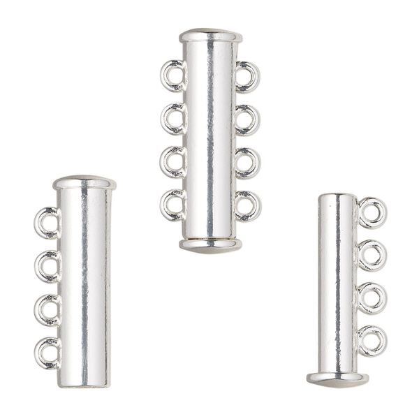 Clasp, 4-strand magnetic slide lock, silver-finished "pewter" (zinc-based alloy), 24x6.5mm tube. Sold per pkg of 2. image number 0