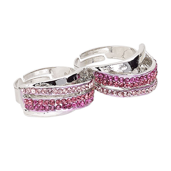 Ring, Egyptian glass rhinestone and imitation rhodium-plated "pewter" (zinc-based alloy), pink and dark pink, 12mm double band, adjustable size 8-3/4. Sold individually. image number 0