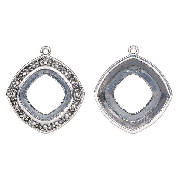 Drop, Almost Instant Jewelry®, antiqued sterling silver, 20.5mm rounded diamond with 12mm cushion setting and flower design with open back. Sold individually. image number 0