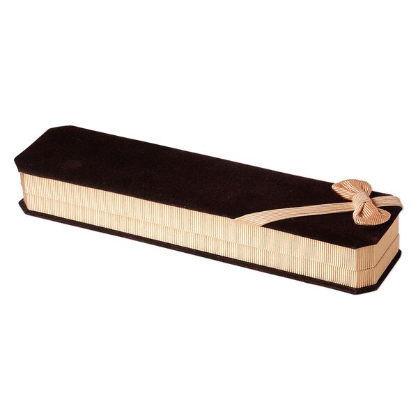 Box, bracelet / watch, velveteen and satin, brown / gold / black, 9 x 2-1/4 x 1-1/4 inch rectangle with ribbed ribbon. Sold individually. image number 0