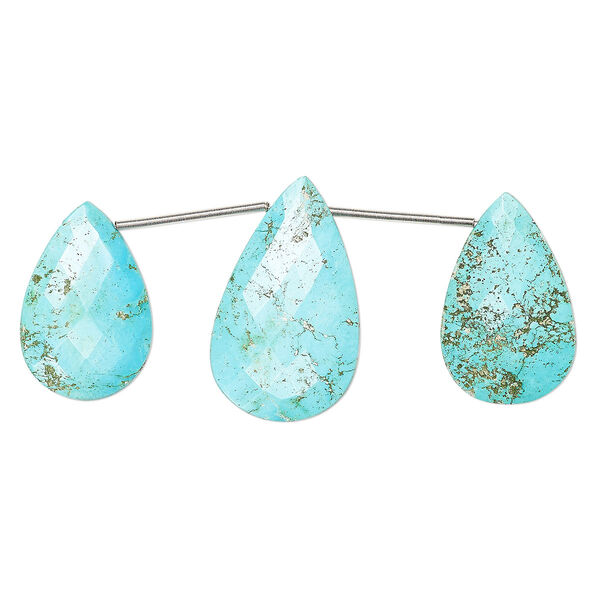 Imperial crown turquoise 1pkg3, hand-cut top-drilled faceted puffed teardrop bead natural C+ grade, 25x15mm-28x18mm / 28x18mm-32x19mm image number 0
