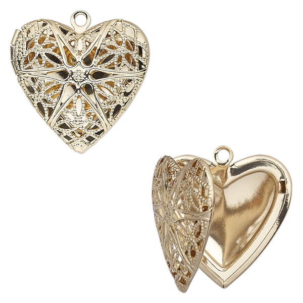 Drop, gold-finished brass, 25.5x24.5mm single-sided hinged heart bead cage with cutout flower and 18.5x14mm heart setting. Sold individually. image number 0