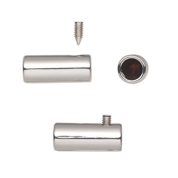 Cord end, glue-in, imitation rhodium-plated plated "pewter" (zinc-based alloy) and steel, 17x7mm round tube. Sold per pkg of 6. image number 0