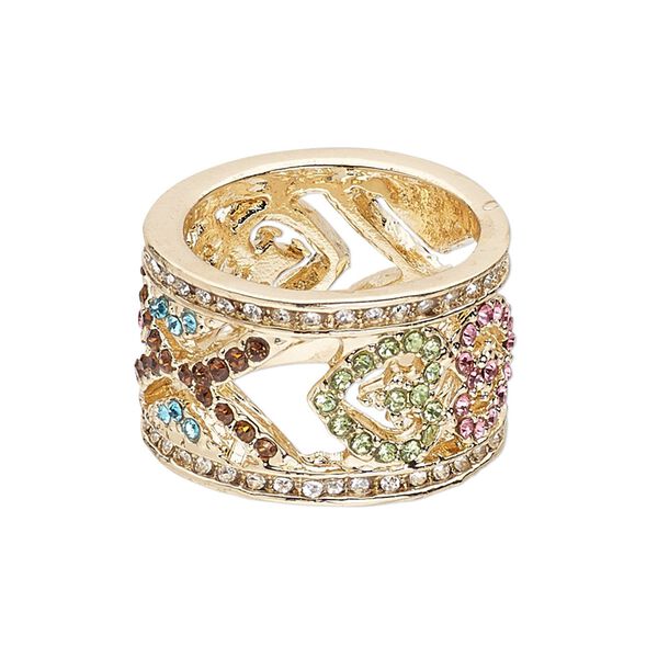 Ring, Egyptian glass rhinestone and gold-finished "pewter" (zinc-based alloy), multicolored, 15mm wide with heart design, size 9. Sold individually. image number 0