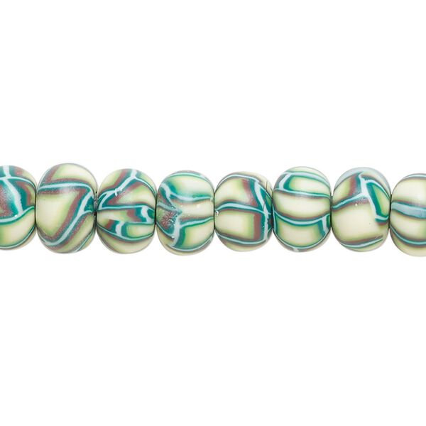 Bead, polymer clay, opaque multicolored, 8x6mm rondelle with geometric design. Sold per 15-1/2" to 16" strand. image number 0