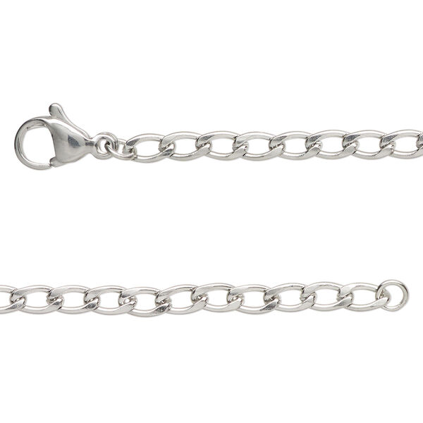 Chain, stainless steel, 3mm flat curb, 16 inches with lobster claw clasp Sold per pkg of 2. image number 0