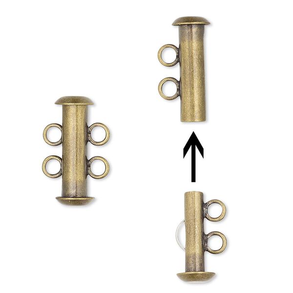 Clasp, 2-strand slide lock, antique gold-plated brass, 16x6mm tube. Sold per pkg of 4. image number 0
