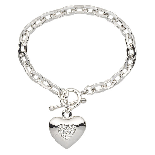 Bracelet, glass rhinestone with imitation rhodium-plated steel and "pewter" (zinc-based alloy), clear, 23x20mm puffed heart, 6-1/2 inches with toggle clasp. Sold individually. image number 0