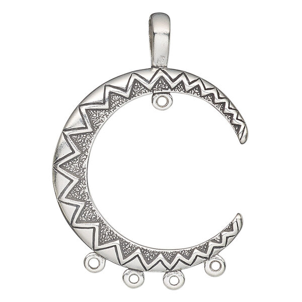 Charm, antiqued sterling silver, 43x32mm single-sided moon with zigzag design and 5 loops. Sold individually. image number 0