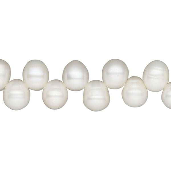Pearl, cultured freshwater (bleached), white, 8x6mm-10x7mm top-drilled rice, C grade, Mohs hardness 2-1/2 to 4. Sold per 15-inch strand. image number 0