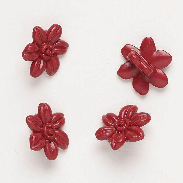 Spacer bar, "pewter" (zinc-based alloy) and enamel, dark red, 14x12mm 2-strand flower, fits up to 4mm beads. Sold per pkg of 4. image number 0