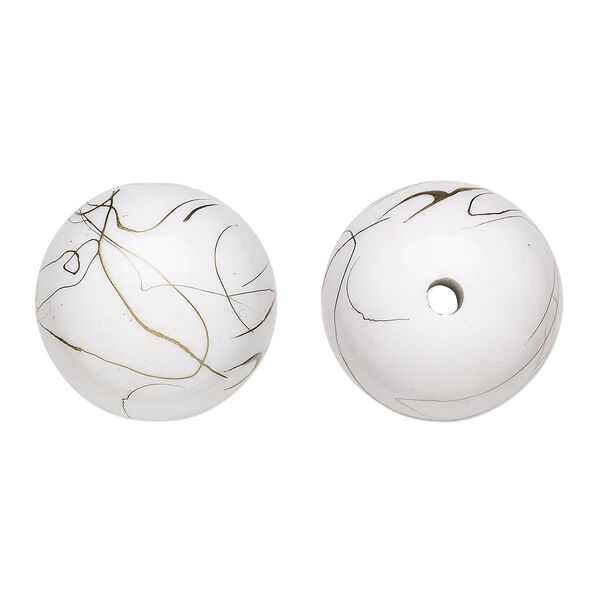 Bead, acrylic, white and gold, 26mm round with swirls. Sold per pkg of 10. image number 0