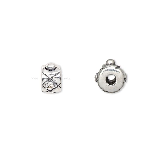 Bead, antiqued sterling silver and cubic zirconia, clear, 8x6mm rondelle with diamond pattern and 2mm hole. Sold individually. image number 0