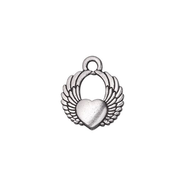 Charm, TierraCast®, antique silver-plated pewter (tin-based alloy), 15x14mm double-sided winged heart. Sold per pkg of 2. image number 0