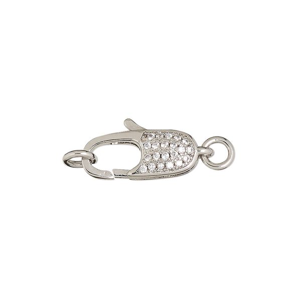 Clasp, lobster claw, cubic zirconia and silver-finished brass, clear, 17x7mm double-sided with (2) 5mm jump rings. Sold individually. image number 0