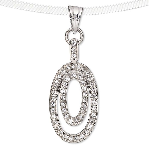 Pendant, Preciosa Czech glass rhinestone and silver-plated pewter (tin-based alloy), clear, 39x19mm open double oval. Sold individually. image number 0