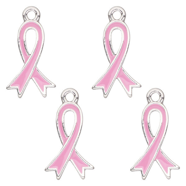 Charm, antique silver-finished enamel "pewter" (zinc-based alloy), pink, 18x12mm single-sided awareness ribbon. Sold per pkg of 4. image number 0