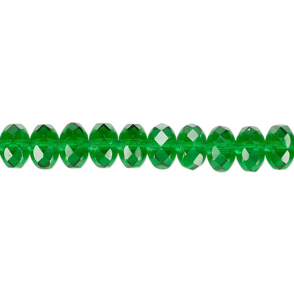 Bead, Czech fire-polished glass, emerald green, 7x5mm faceted rondelle. Sold per 15-1/2" to 16" strand. image number 0