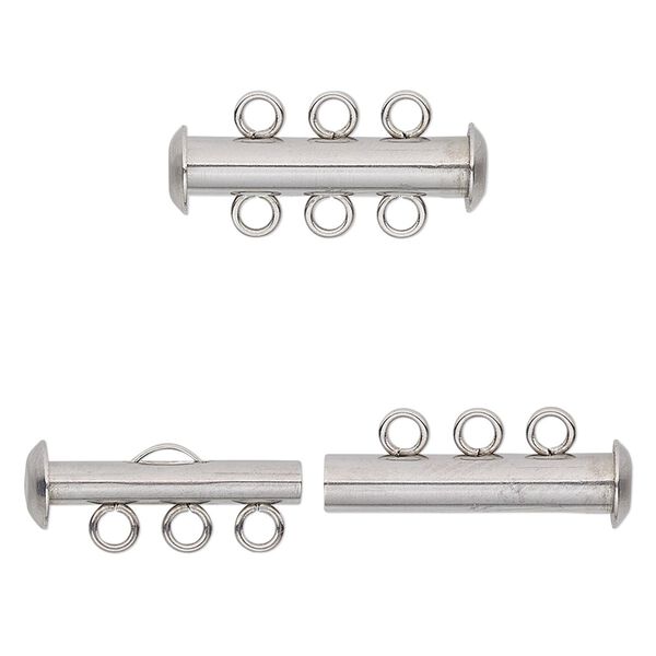 Clasp, 3-strand slide lock, stainless steel, 21x6mm tube. Sold per pkg of 10. image number 0
