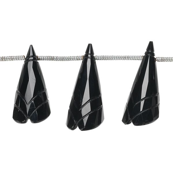 Black onyx 1pkg5, hand-cut top-drilled carved cone flower bead graduated 18x8mm-24x10mm image number 0
