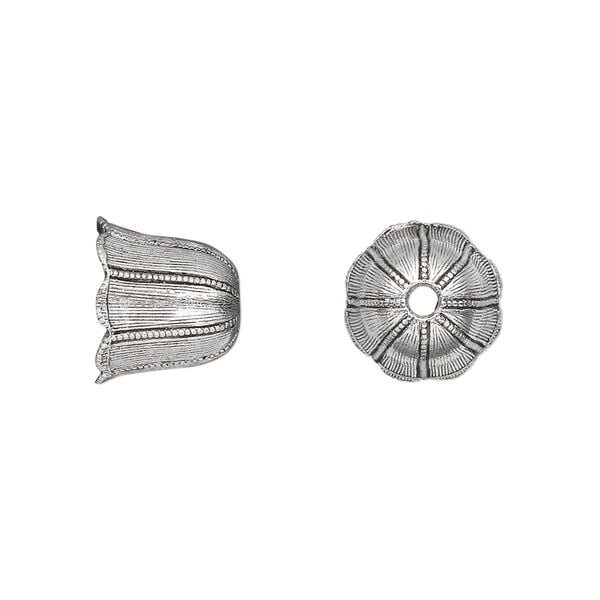 Cord end, pewter (tin-based alloy), pkg/1, antique silver plate, 10mm textured bell flower, 8mm inside diameter. image number 0