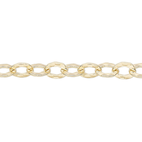 Chain, 14Kt gold-filled, 7x6mm flat hammered cable. Sold per pkg of 5 feet. image number 0