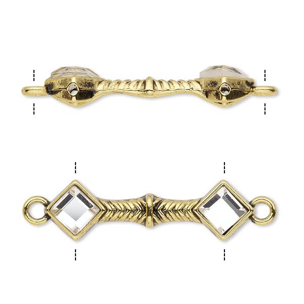 Link, glass rhinestone and antiqued gold-finished "pewter" (zinc-based alloy), clear, 31x9mm double-drilled bar with diamond design, fits up to 21.5mm bead. Sold per pkg of 10. image number 0