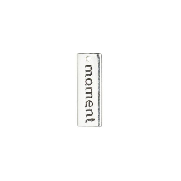 Drop, sterling silver and enamel, black, 18x6mm single-sided rectangle with "moment." Sold individually. image number 0