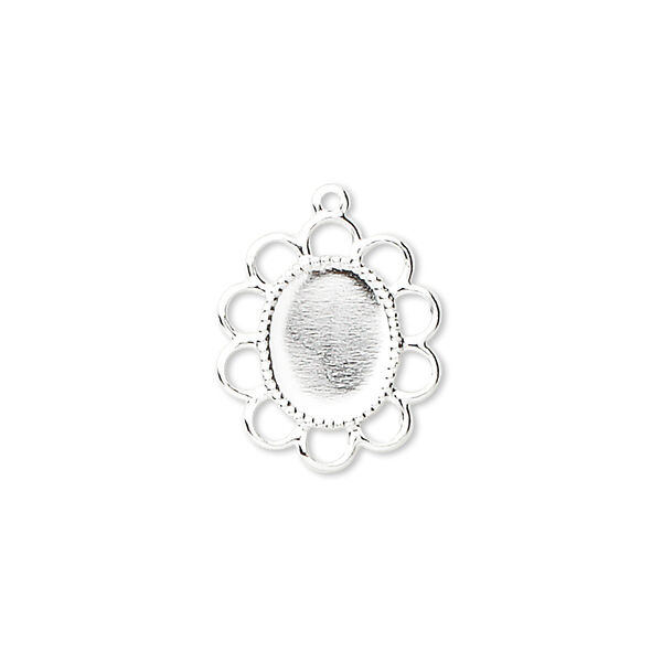 Drop, silver-plated brass, 17x15mm oval with 10x8mm oval setting. Sold per pkg of 100. image number 0