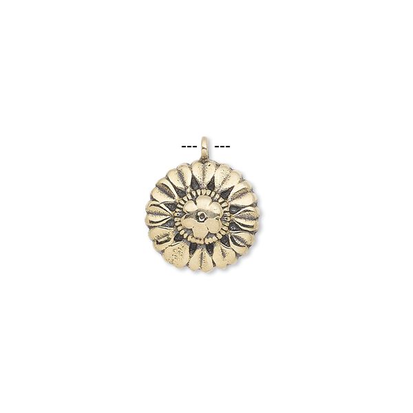 Drop, antiqued brass, 12.5mm single-sided round with heart and flower design. Sold individually. image number 0