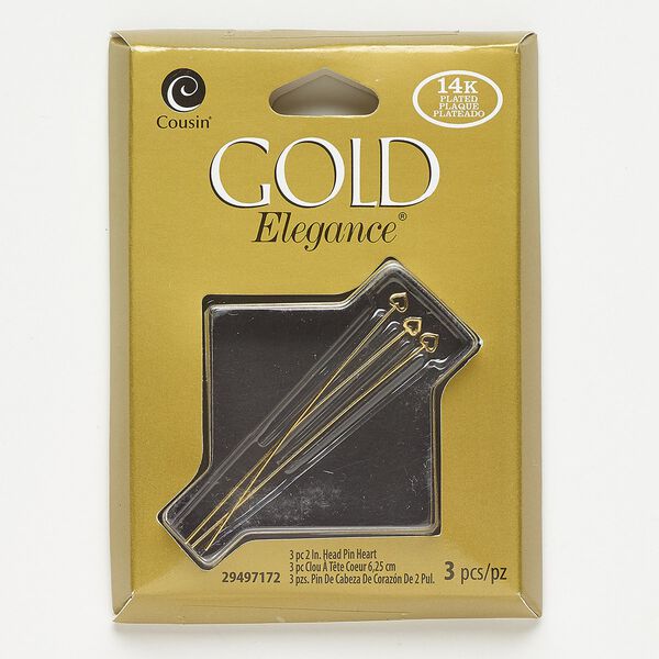Head pin, lacquer and gold-plated copper, 2 inches with 3.5x3mm open heart, 23 gauge. Sold per pkg of 3. image number 0