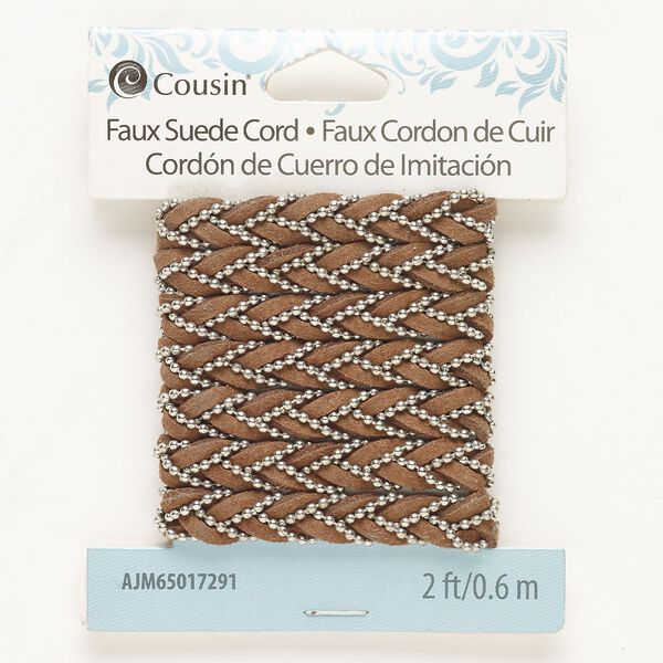 Cord, steel and faux leather (dyed), pkg/2 feet, silver finish and brown, 7mm braided. image number 0