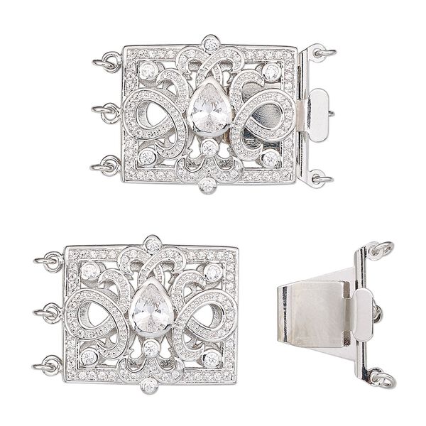 Clasp, 3-strand tab, cubic zirconia and rhodium-plated brass, clear, 25.5x23mm rectangle with fancy design and 6 jump rings. Sold individually. image number 0