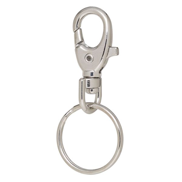 Key ring, imitation rhodium-finished brass and steel, 59x25.5mm overall with 25.5x14.5mm self-closing lobster claw on a swivel and 25.5mm split ring. Sold per pkg of 5. image number 0
