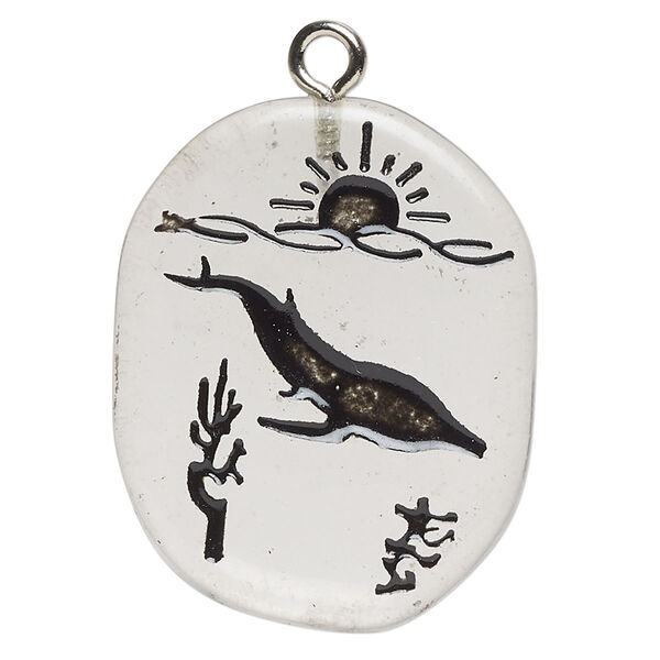 Focal 1pkg1 glass / enamel / steel, 26x20-38x31mm single-sided freeform oval / dolphin / sun / waves / plants, transparent / silver finish image number 0