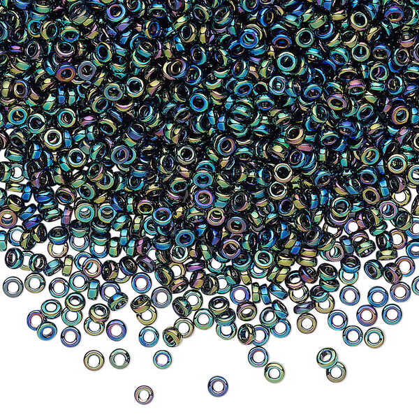 Seed bead, Miyuki, glass, pkg/10g, 2.2x1mm spacer rondelle, opaque metallic iris variegated blue, (SPR2.2-455). image number 0